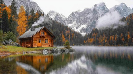 Serene Autumn Cabin by the Lake in the Alps