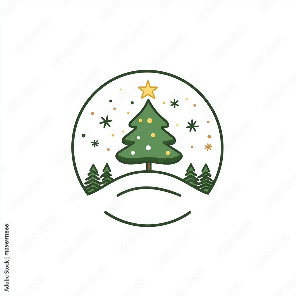 Poster simple shapes and lines of a christmas tree on top of a hill with snowflakes around it.