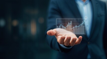 A businessman holds a glowing graph showing his company growth and success in financial investment and stock market analysis.