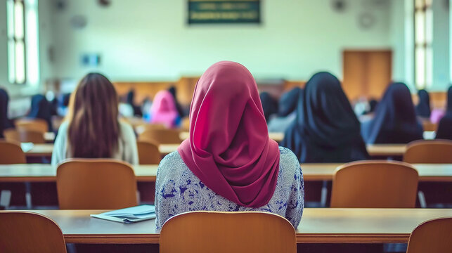Muslim female student writing while attending at class at the university. Education regardless of religion