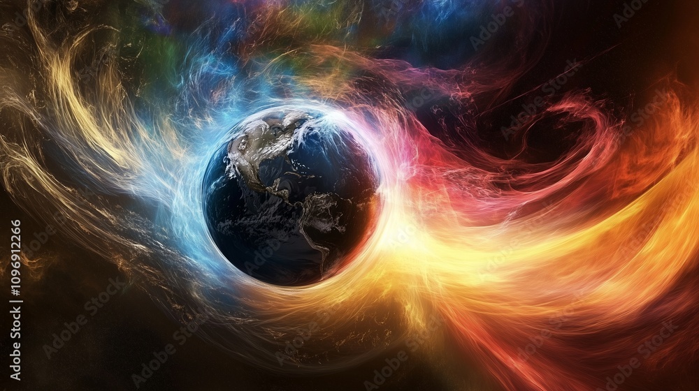Poster earths gravitational fields being disturbed with flickering changes in light and color.