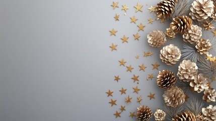 Naklejka premium 3D rendering of golden stars and pine cones on a gray background.