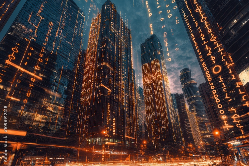 Poster a vibrant night cityscape infused with digital elements, showcasing skyscrapers illuminated by glowi