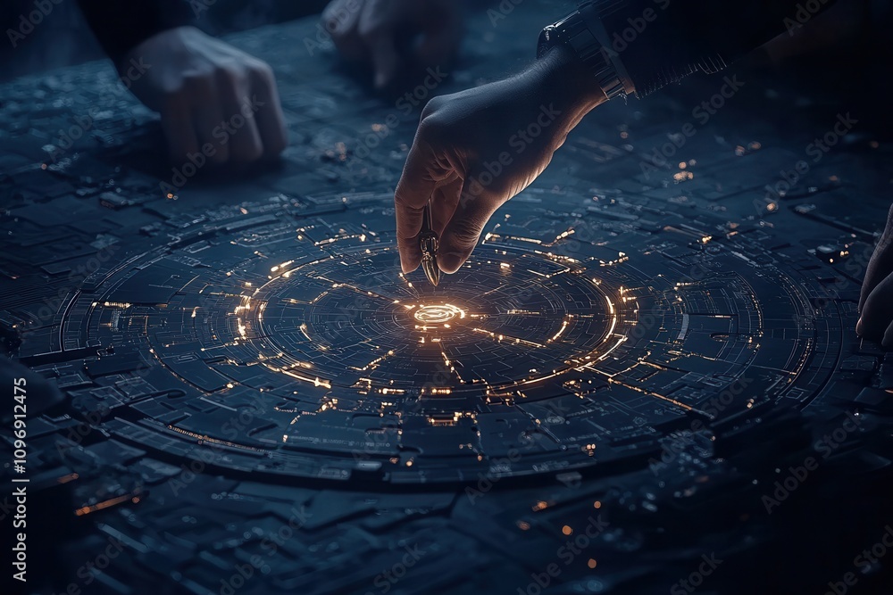 Poster a hand interacts with a glowing, intricate circuit-like design on a dark surface, suggesting a fusio