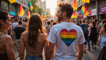 Obraz premium Couple at pride parade surrounded by rainbow flags. White T-shirt with LGBT rainbow heart on the back 