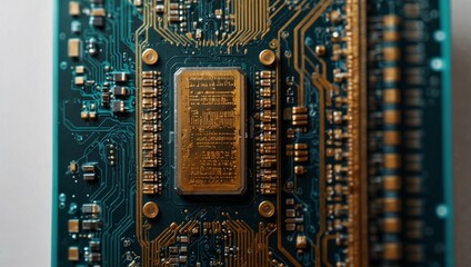 A closeup view of a microchip with intricate details and glowing edges, placed on a flat white background to highlight precision. Science and technology concept. Copy space.
