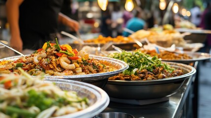 Obraz premium Vibrant Street Food Stall Offering a Diverse Array of Dishes with Colorful Ingredients and Lively Atmosphere in a Bustling Market Setting