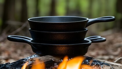 A stack of cast-iron skillets sitting on top of each other over the fire, ready to be used for cooking at a campsite.