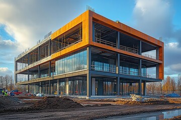 Obraz premium a modern construction site features a blend of concrete and steel frameworks under development, illustrating the innovation and progress in contemporary architecture