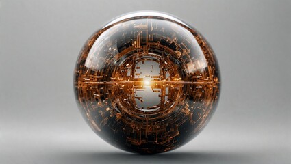 Abstract Tech Sphere: A smooth, glossy sphere with subtle embedded digital patterns against a white background to evoke a futuristic vibe. Science and technology concept. Copy space.