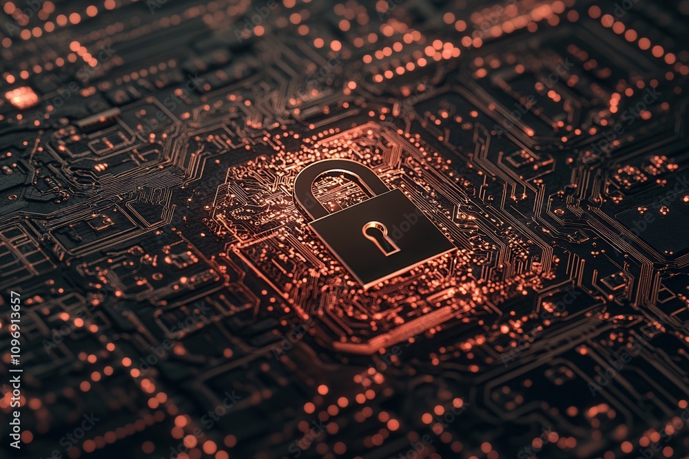Poster a digital circuit board with a prominent padlock symbol, representing cybersecurity and data protect