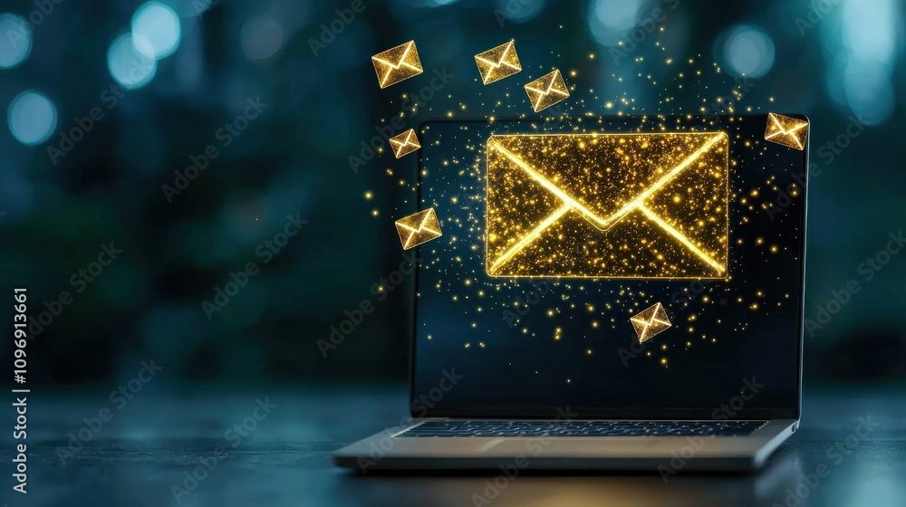 Aufkleber glowing digital envelope with sparkling lights and particles on dark background