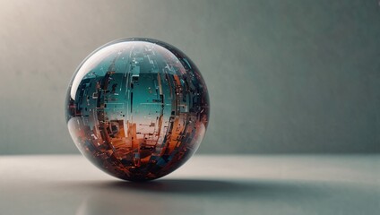 Abstract Tech Sphere: A smooth, glossy sphere with subtle embedded digital patterns against a white background to evoke a futuristic vibe. Science and technology concept. Copy space.