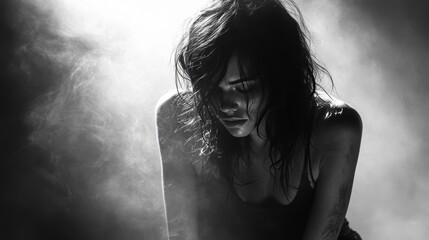 Black and white photography, wide shot, portrait, woman, musician, grunge, thrashed clothes, mist, home, dramatic lighting. low-fi photography