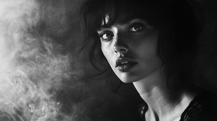 Black and white photography, wide shot, portrait, woman, musician, grunge, thrashed clothes, mist, home, dramatic lighting. low-fi photography