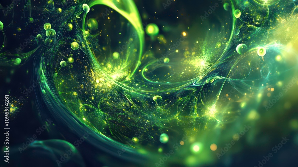 Poster A vibrant digital abstract with green light streaks and particles, creating a futuristic atmosphere.