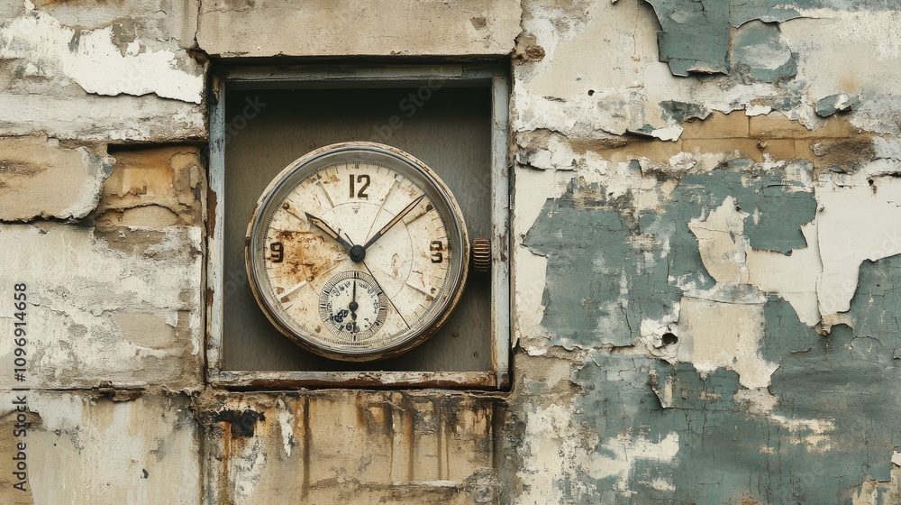 Poster vintage wall clock in a weathered concrete wall frame captures the passage of time with rustic charm