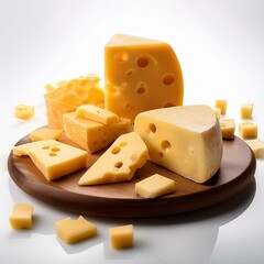 A close-up of assorted cheese pieces in various shapes and textures, arranged on a clean white background for a minimalist and appetizing presentation