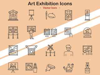 Icons illustrating art exhibition themes and gallery scenes in vector style