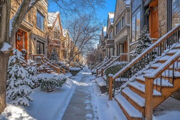 Fototapeta premium Snowy Street in Chicago's Lakeview Neighborhood, Holiday Decorations. AI generated illustration