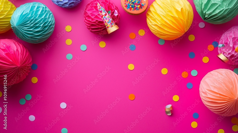 Poster birthday party decorations including colorful paper lanterns, confetti, and cake toppers placed rand