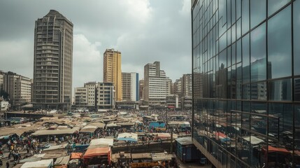 Fototapeta premium Busy Urban Marketplace Surrounded by Skyscrapers and Modern Buildings under a Cloudy Sky in a Vibrant City Scene