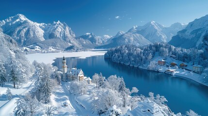 Winter landscape with snow covered trees and mountains