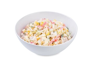 Imitation crab meat corn cucumber salad in a bowl on a white isolated background