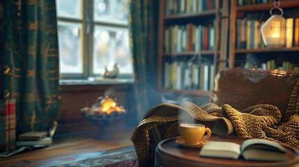 Depict a cozy reading corner with a bookshelf, a warm blanket, and a steaming cup of tea.