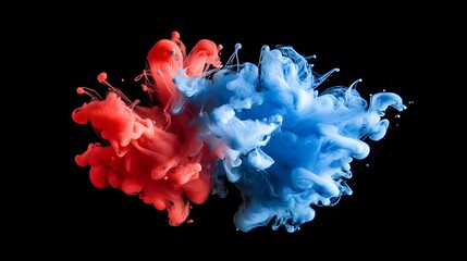 Fototapeta premium Abstract red and blue ink swirls on black background.