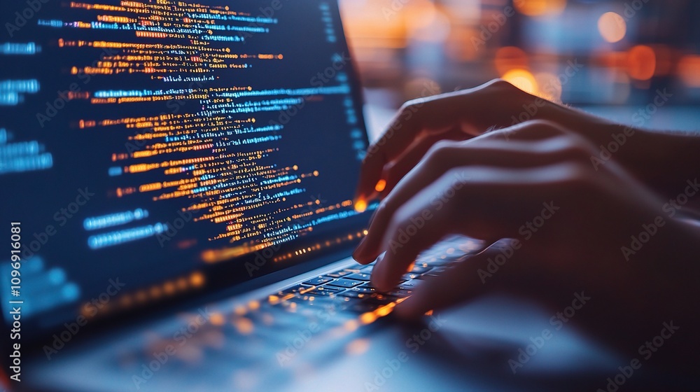 Poster hands typing on laptop with code in a modern tech environment