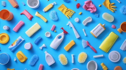 Cleaning products like toilet bowl cleaners, rubber gloves, and scrubbing pads scattered artistically across a vibrant blue surface, with each item carefully positioned to create balance and symmetry.