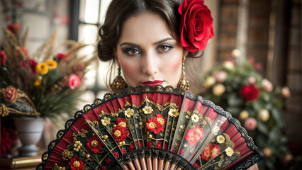 Beautiful flamenco dancer holding a decorative fan with red roses and intense gaze