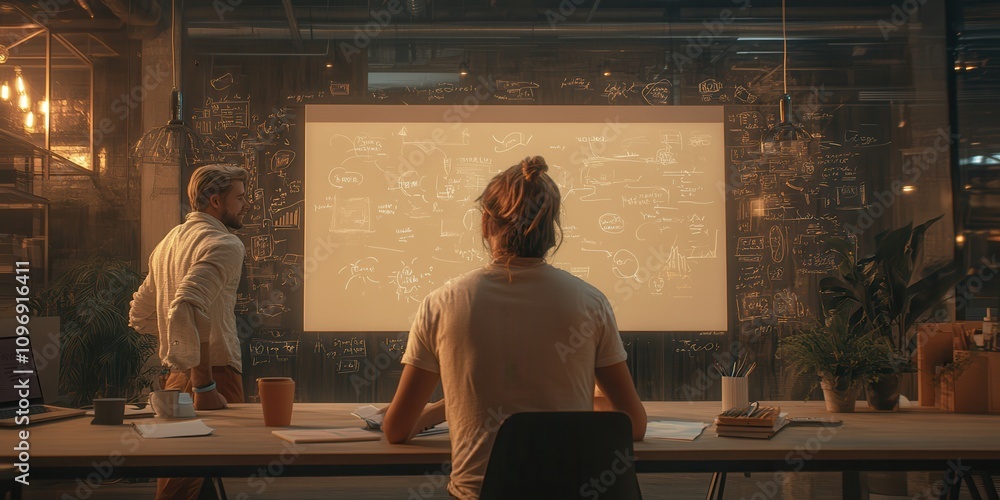 Poster Two individuals observe a large screen in a creative workspace, illuminated by warm lighting, suggesting a collaborative project or brainstorming session.