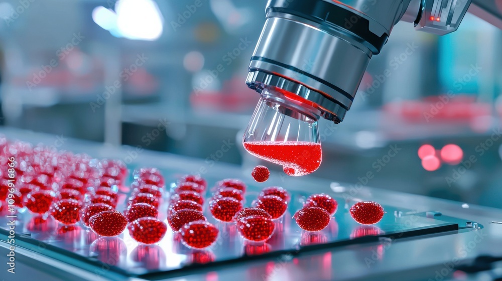 Poster close up of a microscope pipette dispensing red liquid into a test tube on a laboratory table