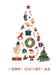 Holiday greeting cards design. Christmas tree illustration made from holiday elements, including Santa, snowman, gifts, wreath, ornaments and ornaments.