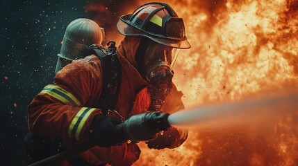 Obraz premium Dynamic Firefighter Battling Vibrant Flames with Fire Hose Action