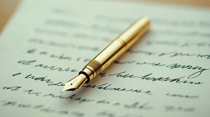 Elegant vintage fountain pen poised on a handwritten letter, capturing the beauty of cursive writing and nostalgia