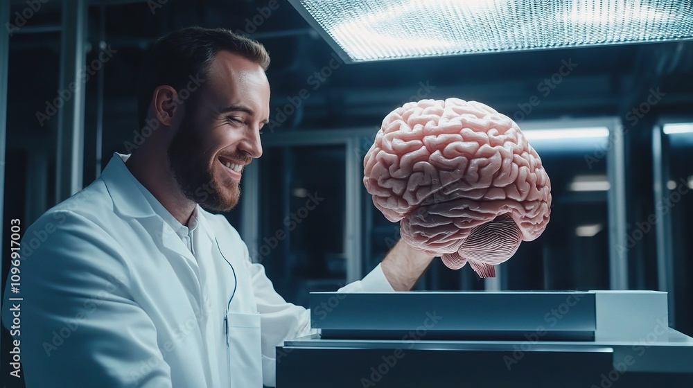 Poster smiling engineer in data center using artificial intelligence technology