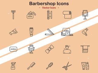 Icons representing barbershop tools and haircut themes in vector style