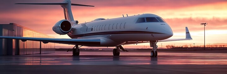 Obraz premium Photograph of a carpeted, white private jet parked on the tarmac at dawn.