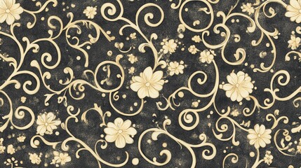 Elegant floral pattern with swirls and flowers on dark background.