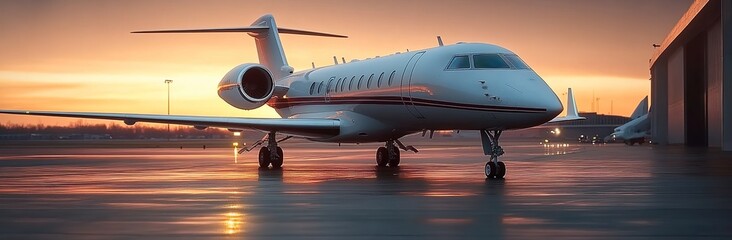 Photograph of a carpeted, white private jet parked on the tarmac at dawn.