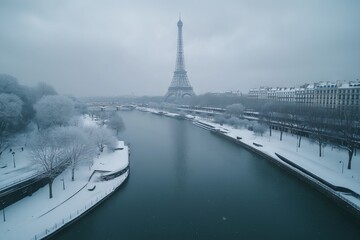Eiffel Tower in Paris Covered in Snow. AI generated illustration