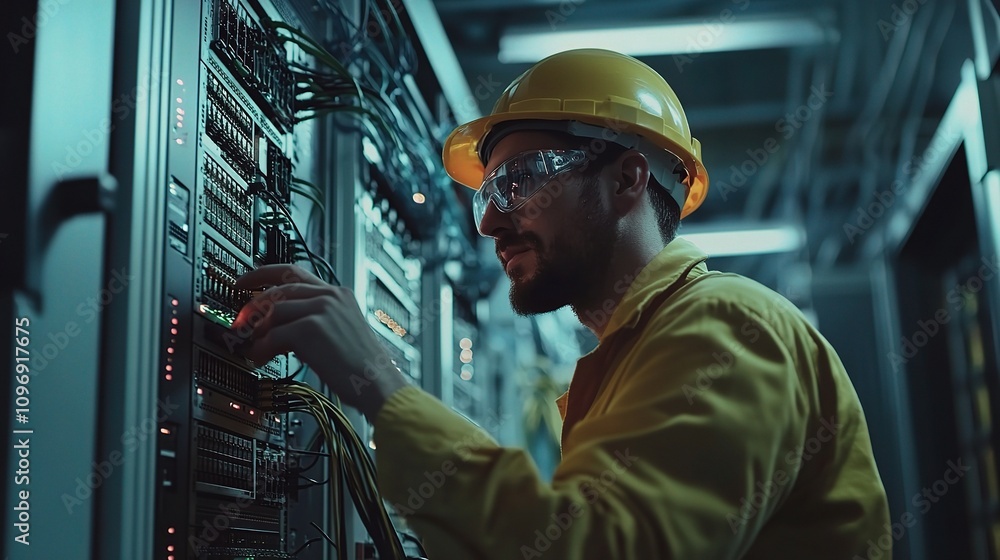 Poster electrical engineer working diligently on server rack in data center