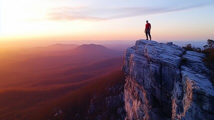 Obraz premium Man on mountaintop at sunset, overlooking vast valley.