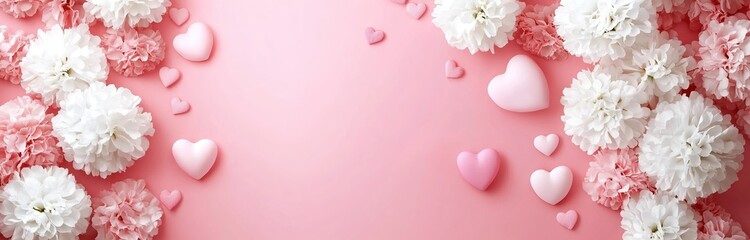 Obraz premium Pink background with white flowers and pink hearts.