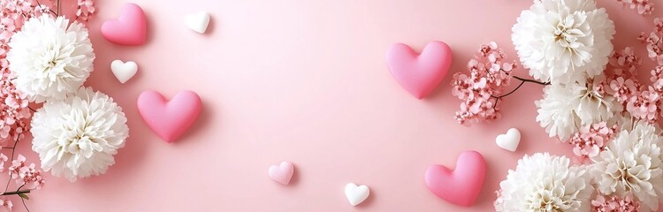 Obraz premium Pink background with white flowers and pink hearts.
