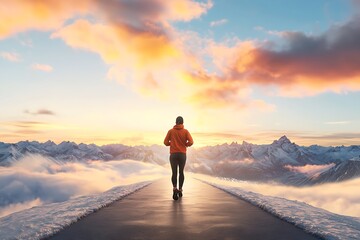 Obraz premium 2025 New Year resolutions habits concept. A person jogs along a path above the clouds, surrounded by majestic mountains and a vibrant sunset sky.