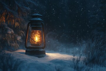 Lantern in the Snow with Oil Lamp, Snowy Forest Background. AI generated illustration